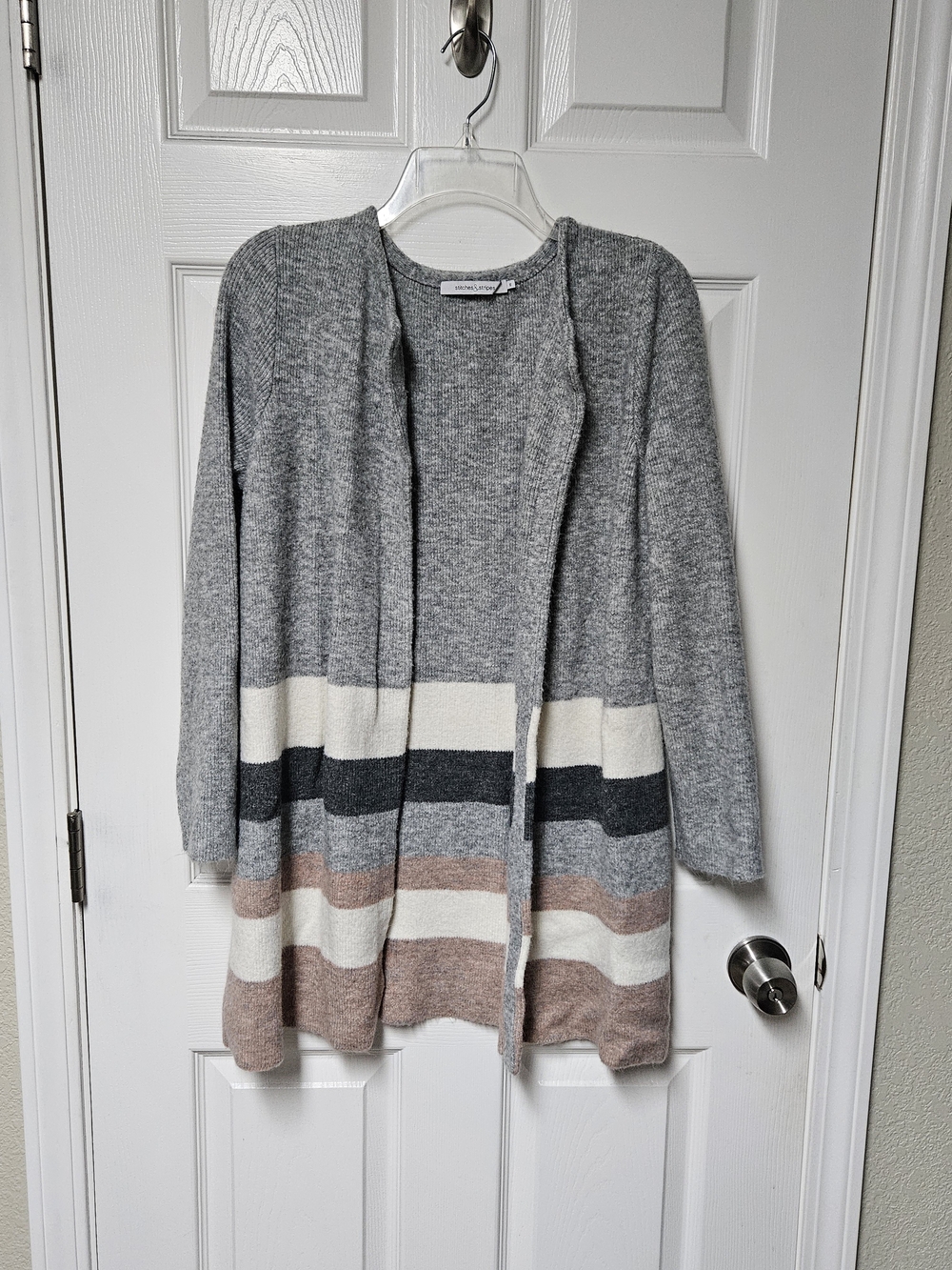 Open-Front Striped Hem Cardigan Sweater - Gray & Neutral